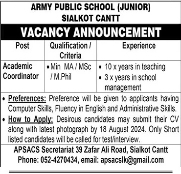 Army Public School Latest Job Opportunity 2024