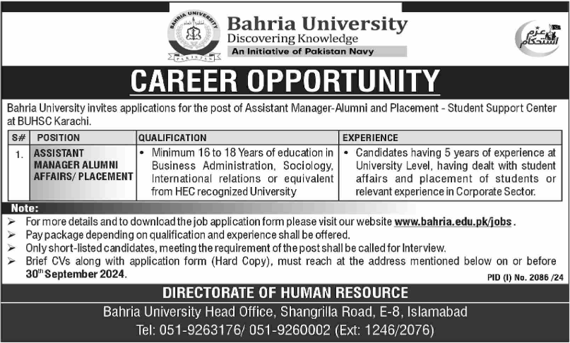 Bahria University Latest Job Opportunity 2024