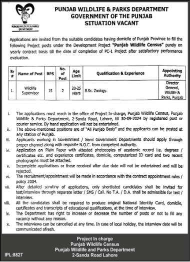 Punjab Wildlife & Parks Department Latest Job Opportunity 2024