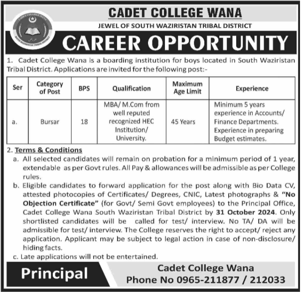 Cadet College Wana Latest Job Post 2024