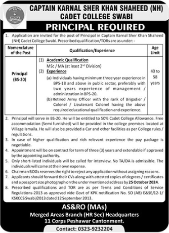 Captain Karnal Sher Khan Cadet College Latest Job Opportunity 2024