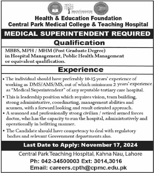 Central Park Teaching Hospital Latest Job Opportunity 2024